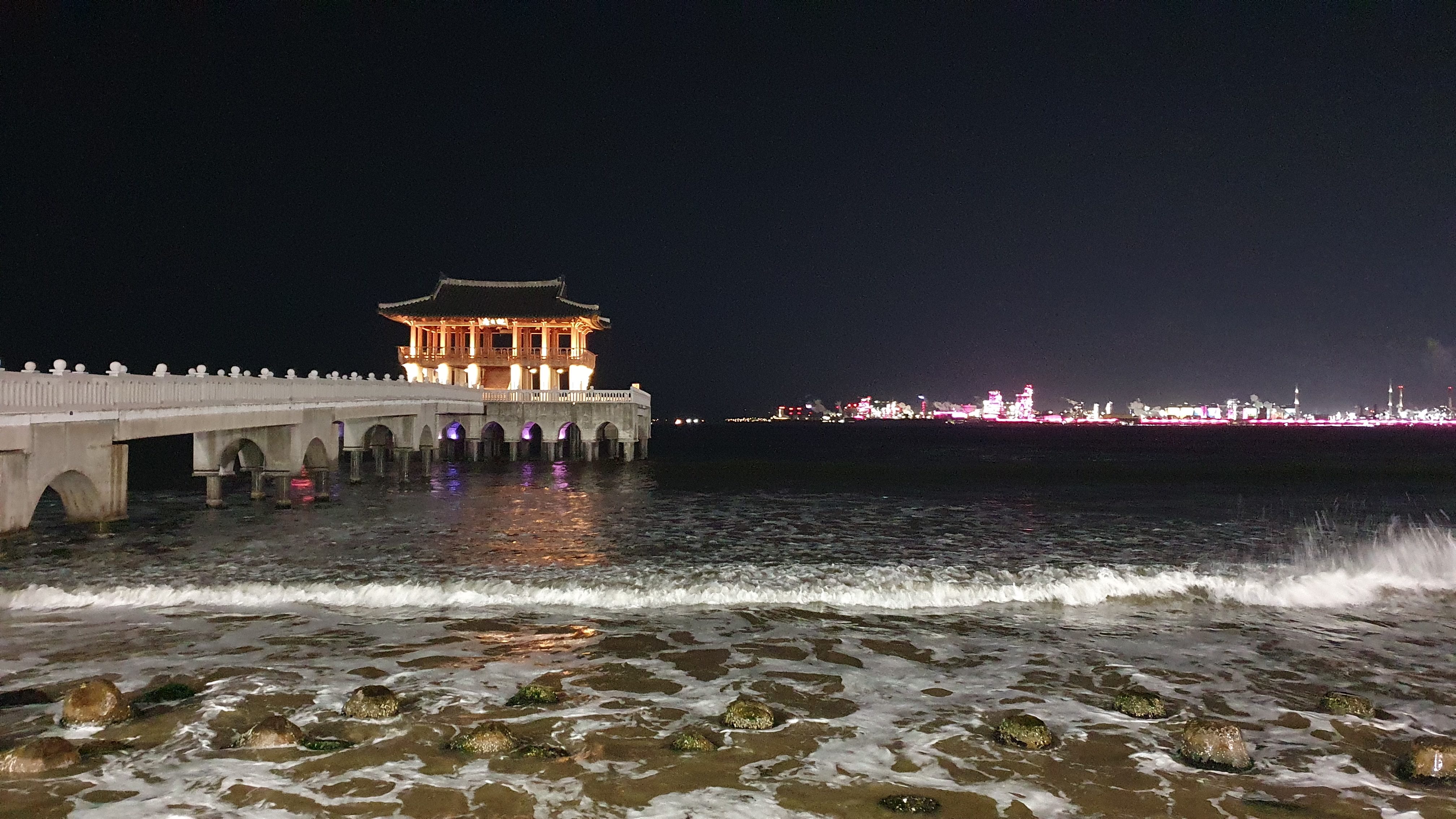 Korean pavilion on Pohang beach at night