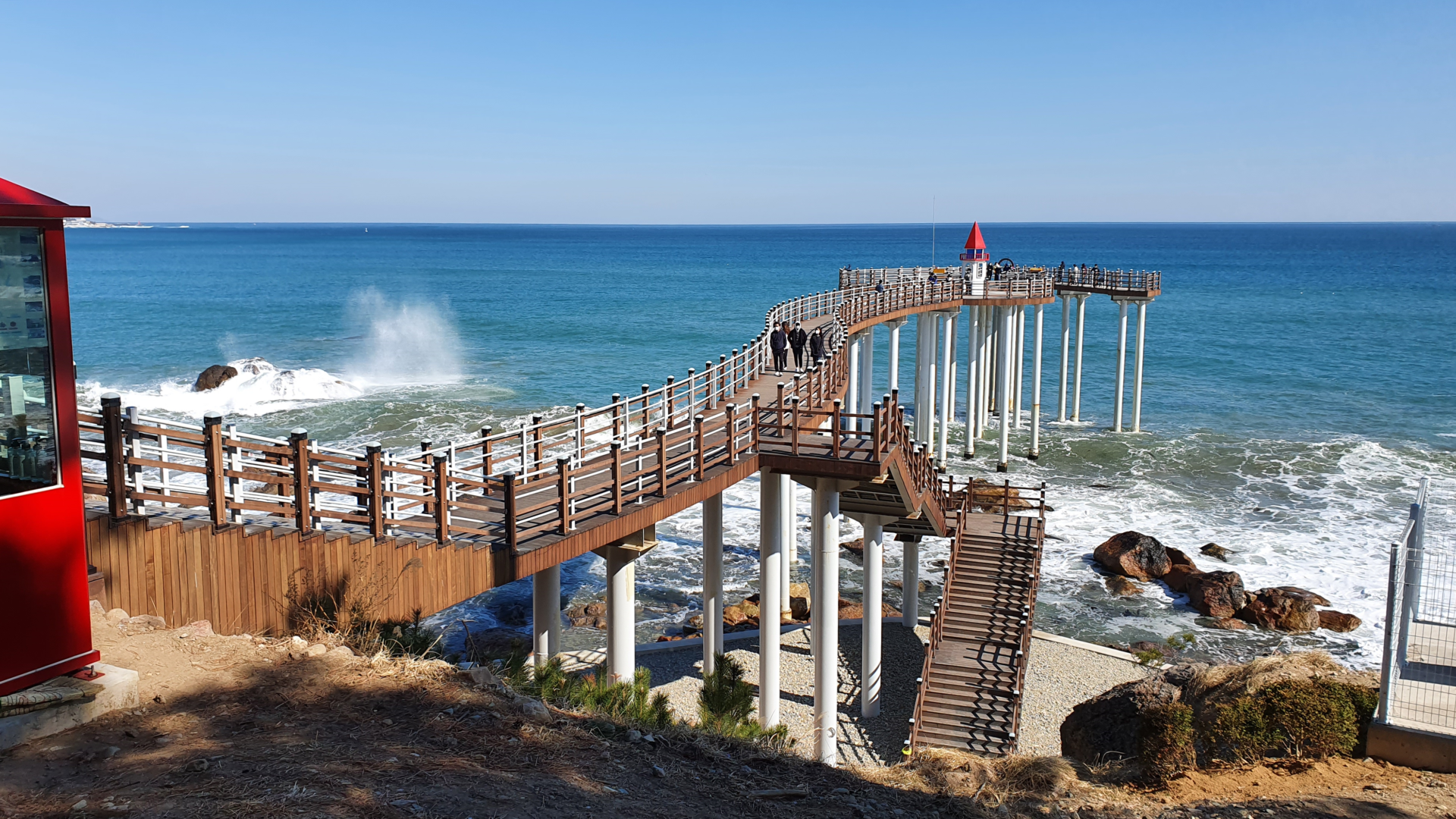 Elevated boardwalk over ocean along Korea East Coast Bike Path